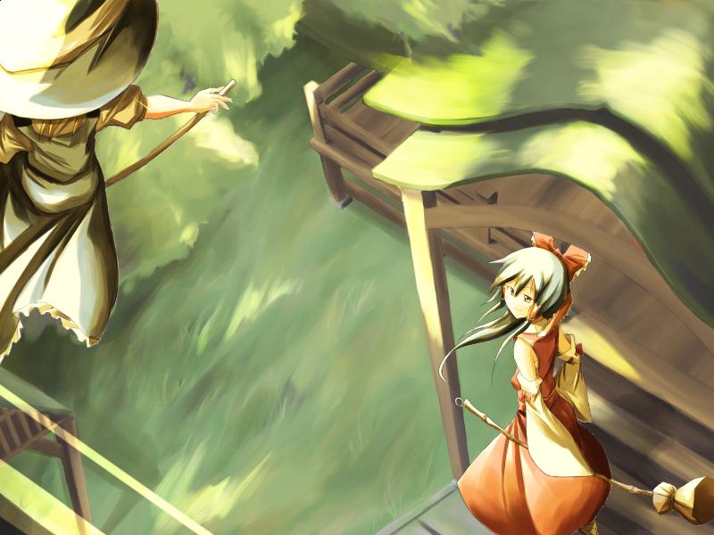 hakurei reimu, kirisame marisa, touhou, game cg, 2girls, day, female focus, from above, hat, japanese clothes, miko, multiple girls, nature, outdoors, plant, shrine, standing