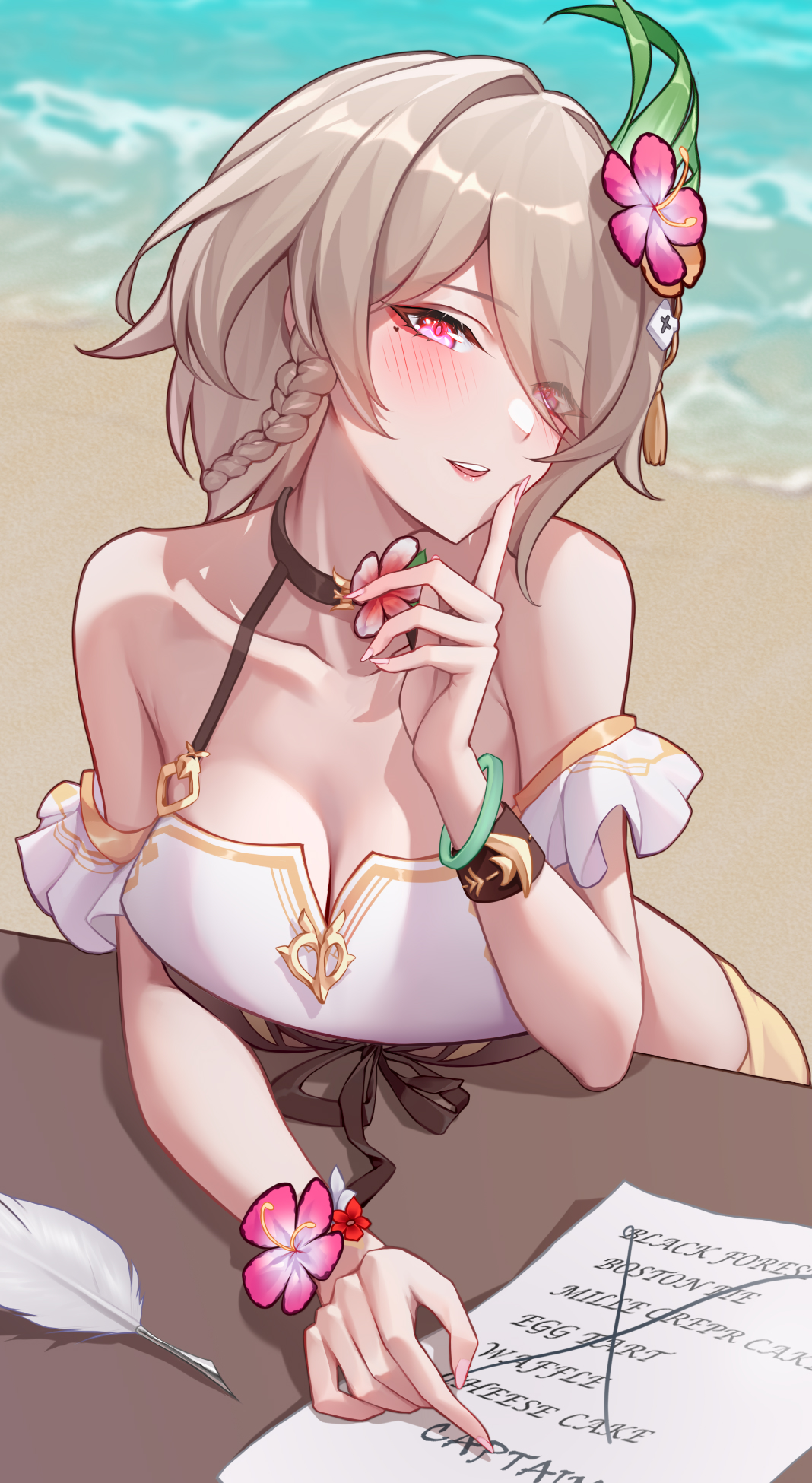 ruo zhishi chu jian, rita rossweisse, honkai (series), honkai impact 3rd, chinese commentary, commentary request, highres, 1girl, against table, bare shoulders, blush, breasts, brown hair, cleavage, collarbone, eyes visible through hair, finger to face, fingernails, flower, hair flower, hair ornament, hair over one eye, large breasts, leaning, long fingernails, looking at viewer, medium hair, mole, mole under eye, ocean, official alternate costume, paper, parted lips, pink eyes, pink flower, quill, shore, smile, solo, teeth, upper teeth only
