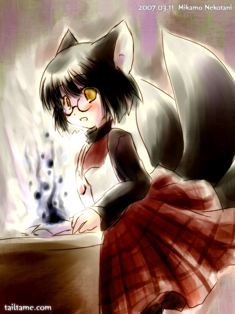 mikamo nekotani, nekotani mikamo, 1girl, animal ears, black hair, book, female focus, glasses, short hair, solo, tail, yellow eyes