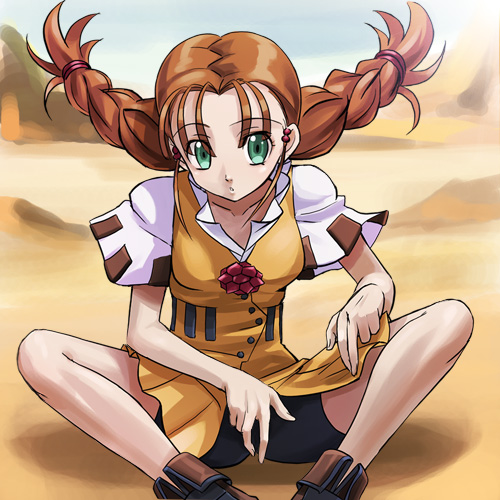 haruyama kazunori, kameo (gunxsword), wendy garrett, gunxsword, lowres, 1girl, bike shorts, boots, braid, brown hair, dress, female focus, green eyes, jewelry, long hair, necklace, sitting, solo, turtle, twin braids