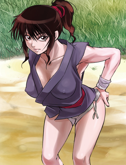 haruyama kazunori, okoi, basilisk (manga), 00s, 1girl, armpits, breasts, brown hair, collarbone, covered erect nipples, curvy, female focus, hands on own hips, large breasts, lips, ponytail, solo