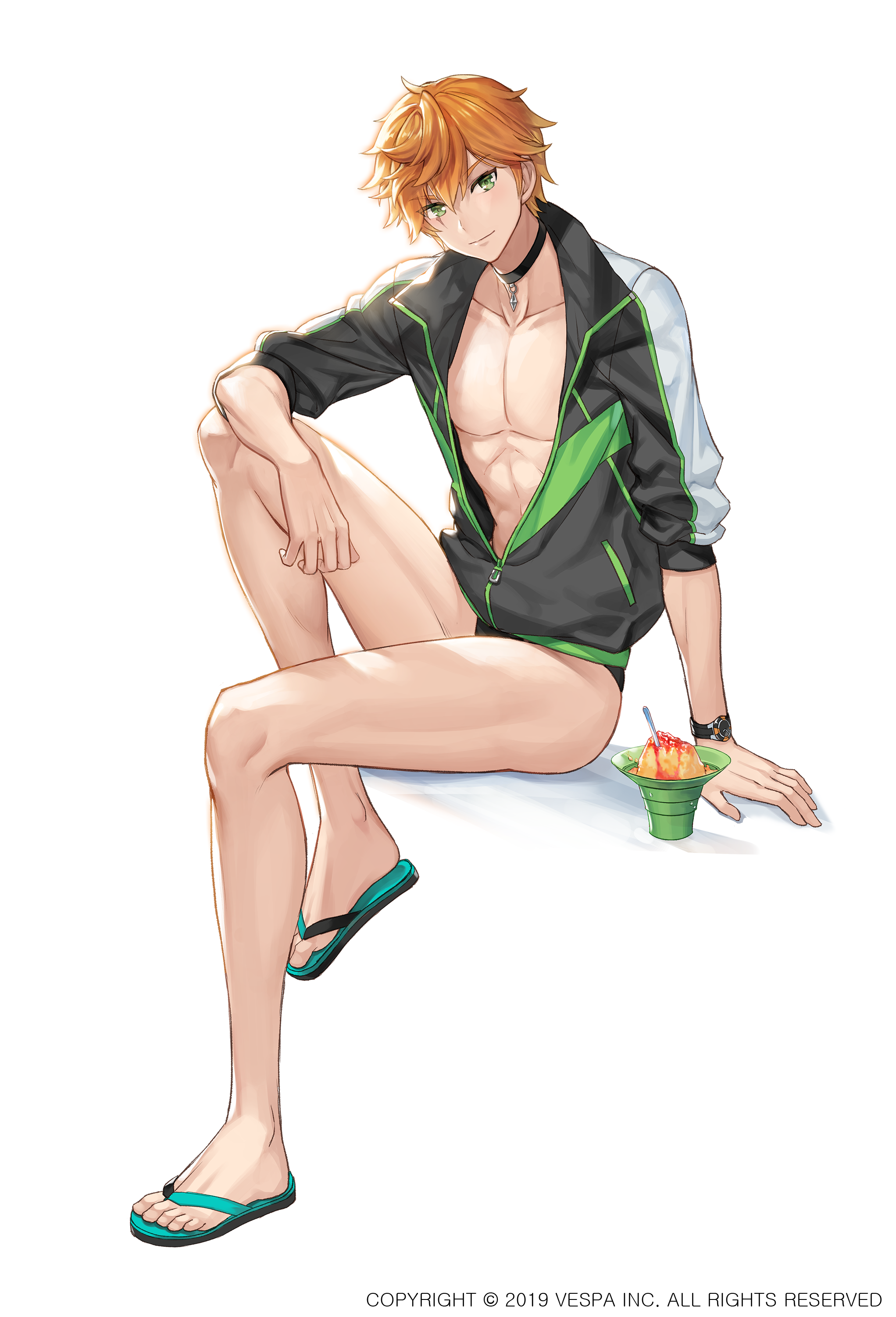 jaeyun, roi (king's raid), king's raid, absurdres, commentary request, highres, official art, 1boy, abs, arm on knee, bare legs, black choker, black jacket, black male swimwear, blue sandals, bowl, choker, flip-flops, food, full body, green eyes, green jacket, invisible chair, jacket, leg up, male swimwear, multicolored jacket, official alternate costume, orange hair, sandals, scar, scar across eye, scar on face, shaved ice, short hair, sitting, smile, solo, spoon, watch, white jacket, wristwatch