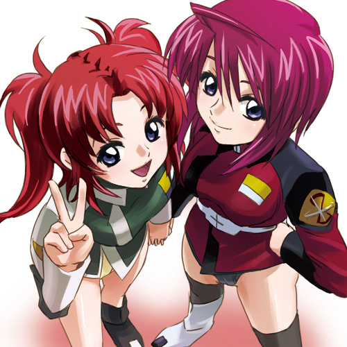 haruyama kazunori, lunamaria hawke, meyrin hawke, gundam, gundam seed, gundam seed destiny, lowres, 00s, 2girls, cameltoe, multiple girls, panties, siblings, sisters, thighhighs, underwear, v