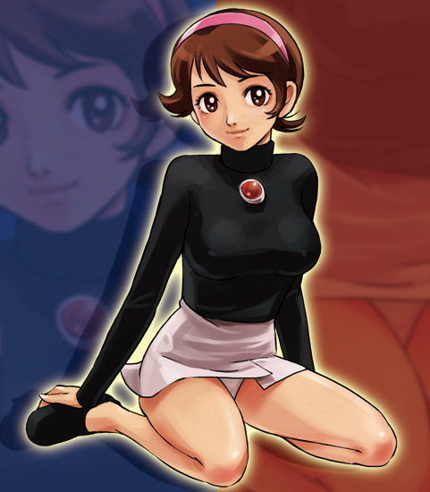 haruyama kazunori, komyoji mitsuko, android kikaider, jinzou ningen kikaider, kikaider (series), 1girl, brown eyes, brown hair, covered erect nipples, female focus, hairband, kneeling, panties, pantyshot, short hair, skirt, solo, turtleneck, underwear, upskirt