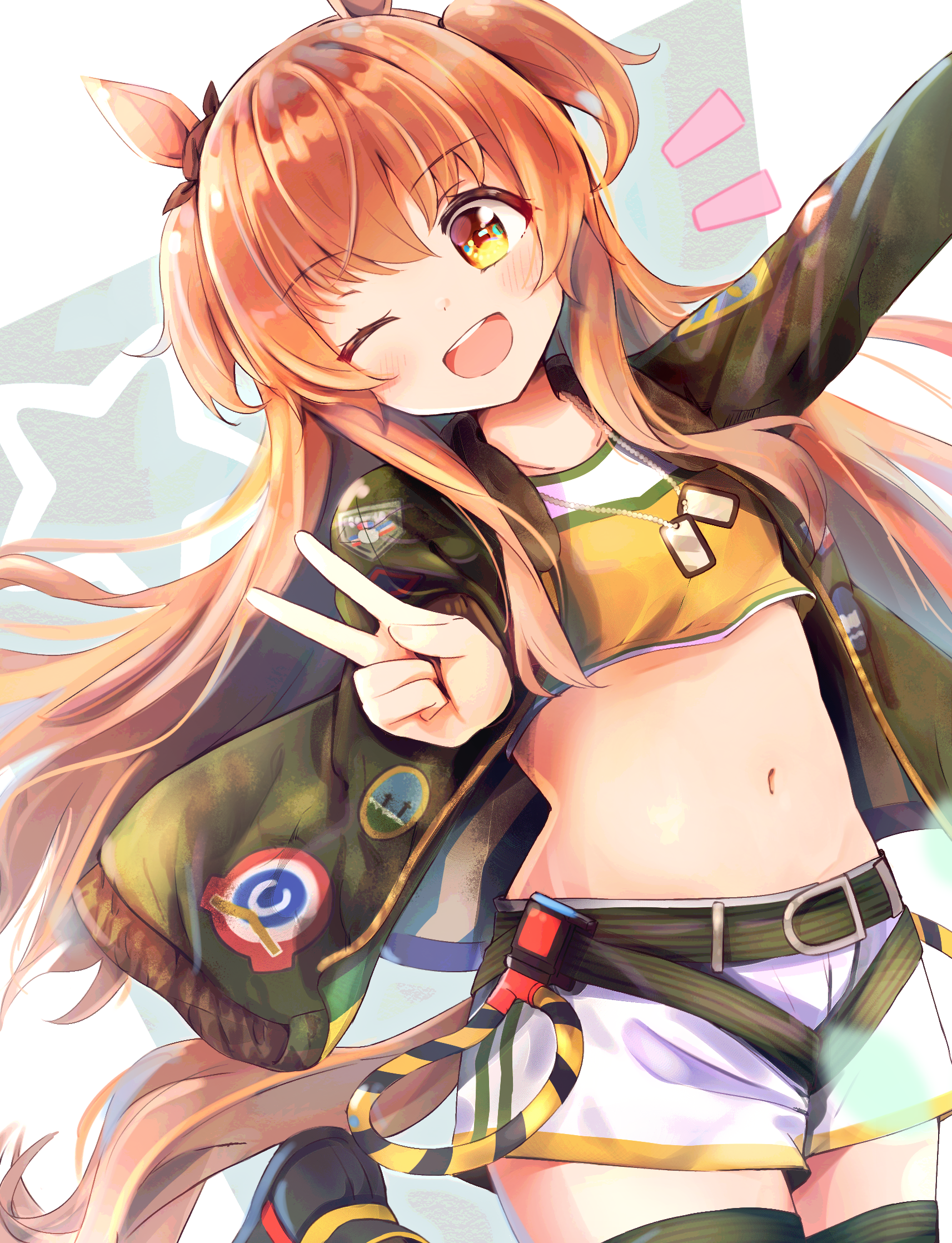 hagakuri, mayano top gun (umamusume), umamusume, highres, 1girl, ;d, abstract background, animal ears, belt, blush, bomber jacket, bow, breasts, brown ribbon, cowboy shot, crop top, dog tags, ear bow, ear ribbon, green belt, green jacket, harness, horse ears, horse girl, horse tail, jacket, leg up, long hair, long sleeves, looking at viewer, midriff, navel, one eye closed, open clothes, open jacket, open mouth, orange eyes, orange hair, orange tail, ribbon, shirt, shorts, small breasts, smile, solo, star (symbol), stomach, tail, teeth, thighhighs, two side up, upper teeth only, v, white shorts