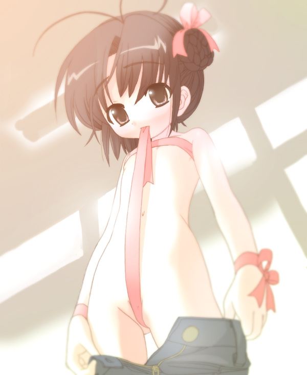 houmitsu, character request, copyright request, tagme, 1girl, antenna hair, brown hair, female focus, hair bun, loli, mouth hold, naked ribbon, ribbon, solo, topless female