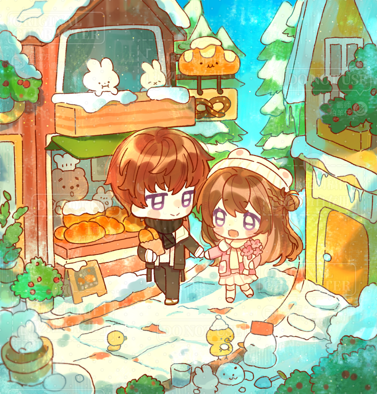 original, highres, 1boy, 1girl, :d, bag, baguette, bai yang zi, bakery, beanie, bear, bear hat, bird, black jacket, black pants, black scarf, blush stickers, bread, brown hair, closed mouth, day, duck, food, full body, hat, holding, holding bag, holding hands, jacket, long hair, long sleeves, open clothes, open jacket, open mouth, outdoors, pants, paper bag, pink jacket, pink shoes, pleated skirt, purple eyes, rabbit, scarf, shoes, shop, short hair, shovel, skirt, smile, snow, snowman, socks, standing, tree, white hat, white shoes, white skirt, white socks, winter