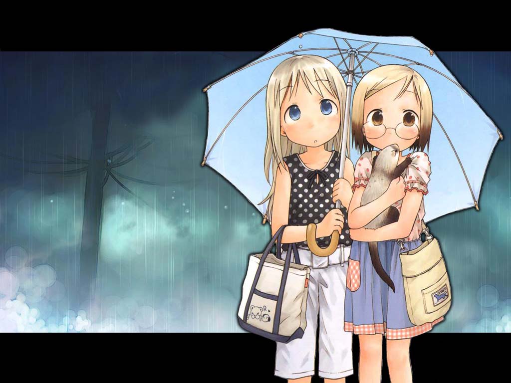 barasui, ana coppola, john, sakuragi matsuri, ichigo mashimaro, 2girls, child, ferret, holding, holding umbrella, multiple girls, rain, umbrella