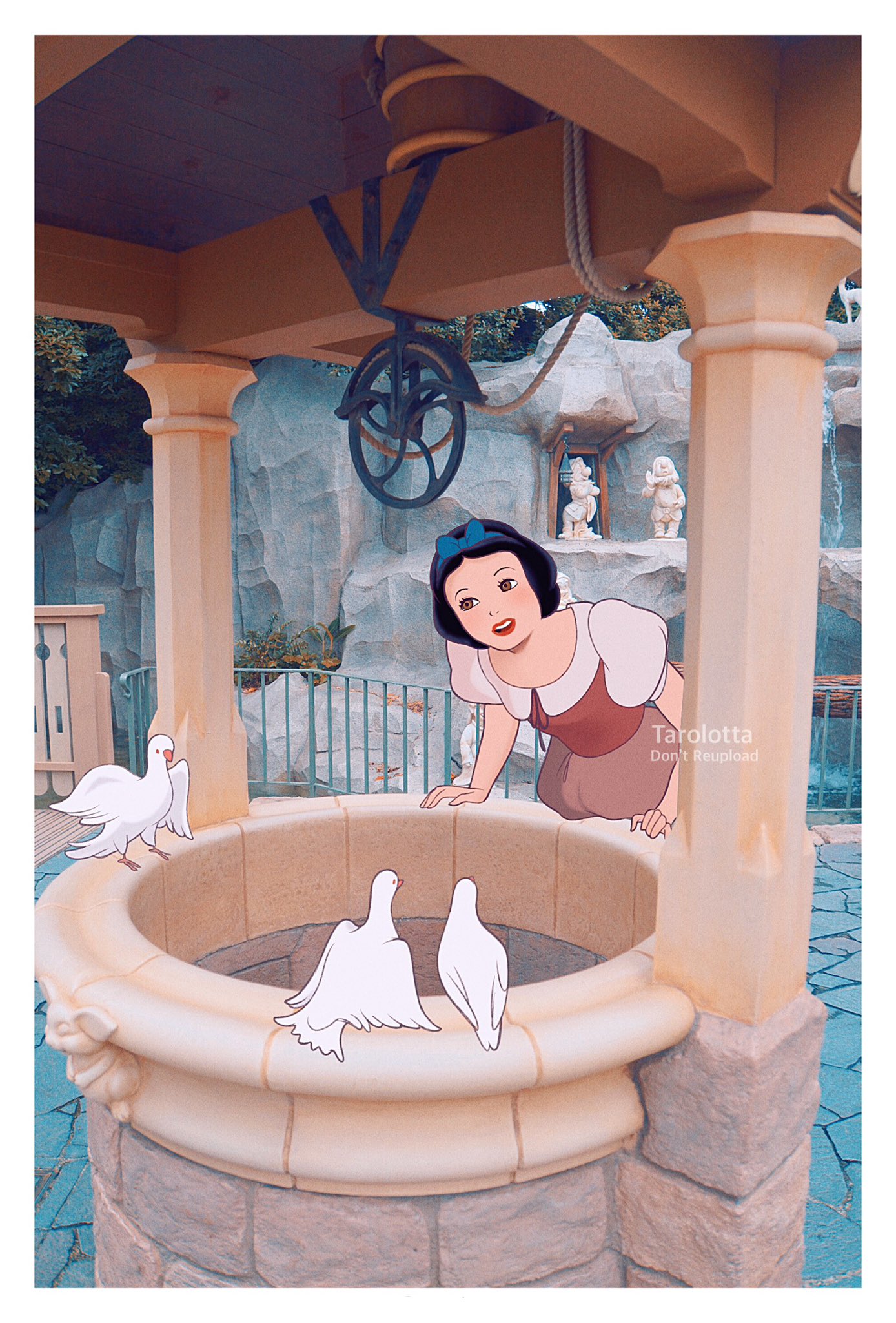 tarolotta, snow white (disney), snow white and the seven dwarfs (disney), highres, 1girl, bird, black hair, bow, dress, hair bow, open mouth, princess, puffy short sleeves, puffy sleeves, short hair, short sleeves, smile, solo, toon (style), well