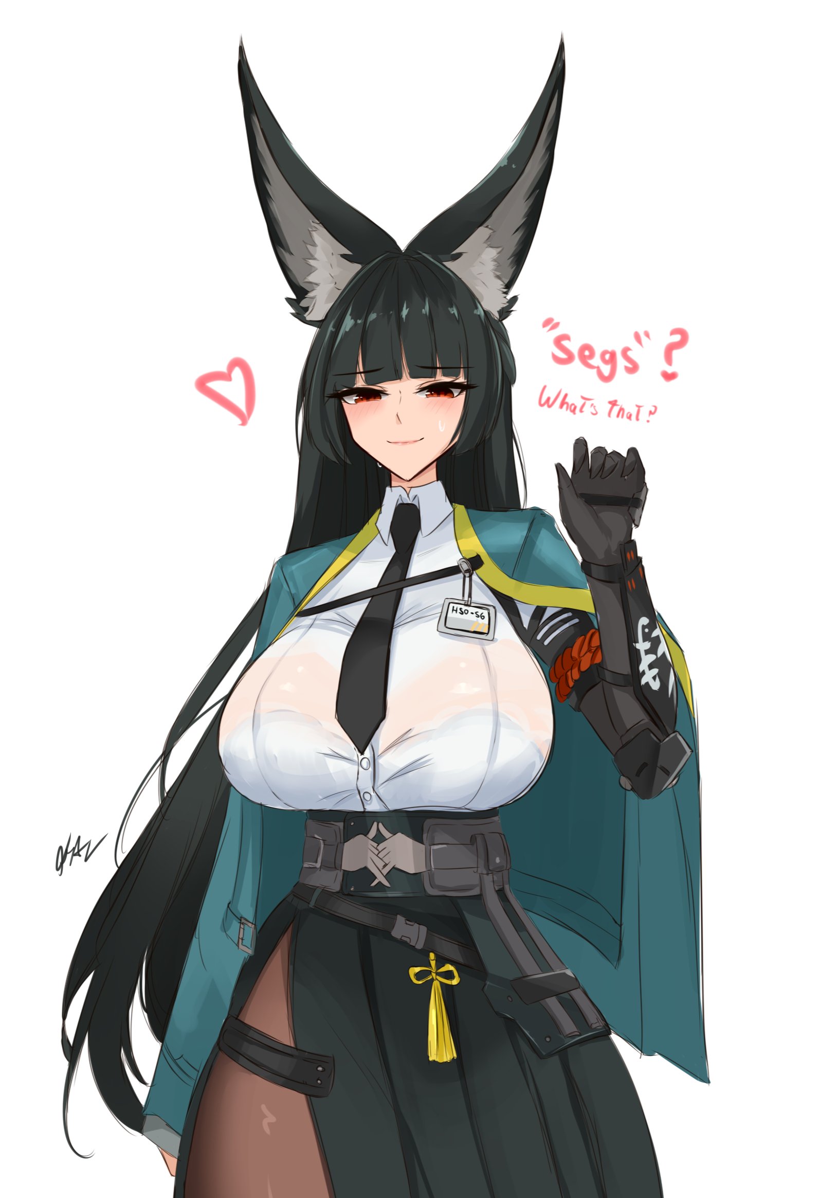 krass, hoshimi miyabi, zenless zone zero, commentary, highres, paid reward available, 1girl, animal ears, black hair, black necktie, black pantyhose, black skirt, blunt bangs, blush, breasts, closed mouth, collared shirt, english text, fox ears, fox girl, hand up, heart, high-waist skirt, huge breasts, id card, long hair, looking at viewer, necktie, pantyhose, red eyes, shirt, simple background, skirt, solo, standing, sweat, very long ears, white background, white shirt