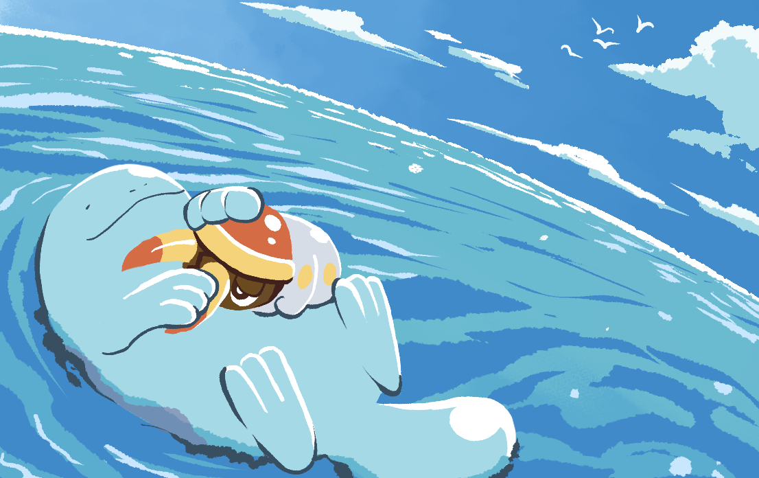 inudomooo, grubbin, quagsire, nintendo, pokemon, bird, blue sky, bug, closed mouth, cloud, floating, full body, gen 2 pokemon, gen 7 pokemon, no humans, ocean, outdoors, pokemon (creature), pokemon focus, sky, smile, tail, water