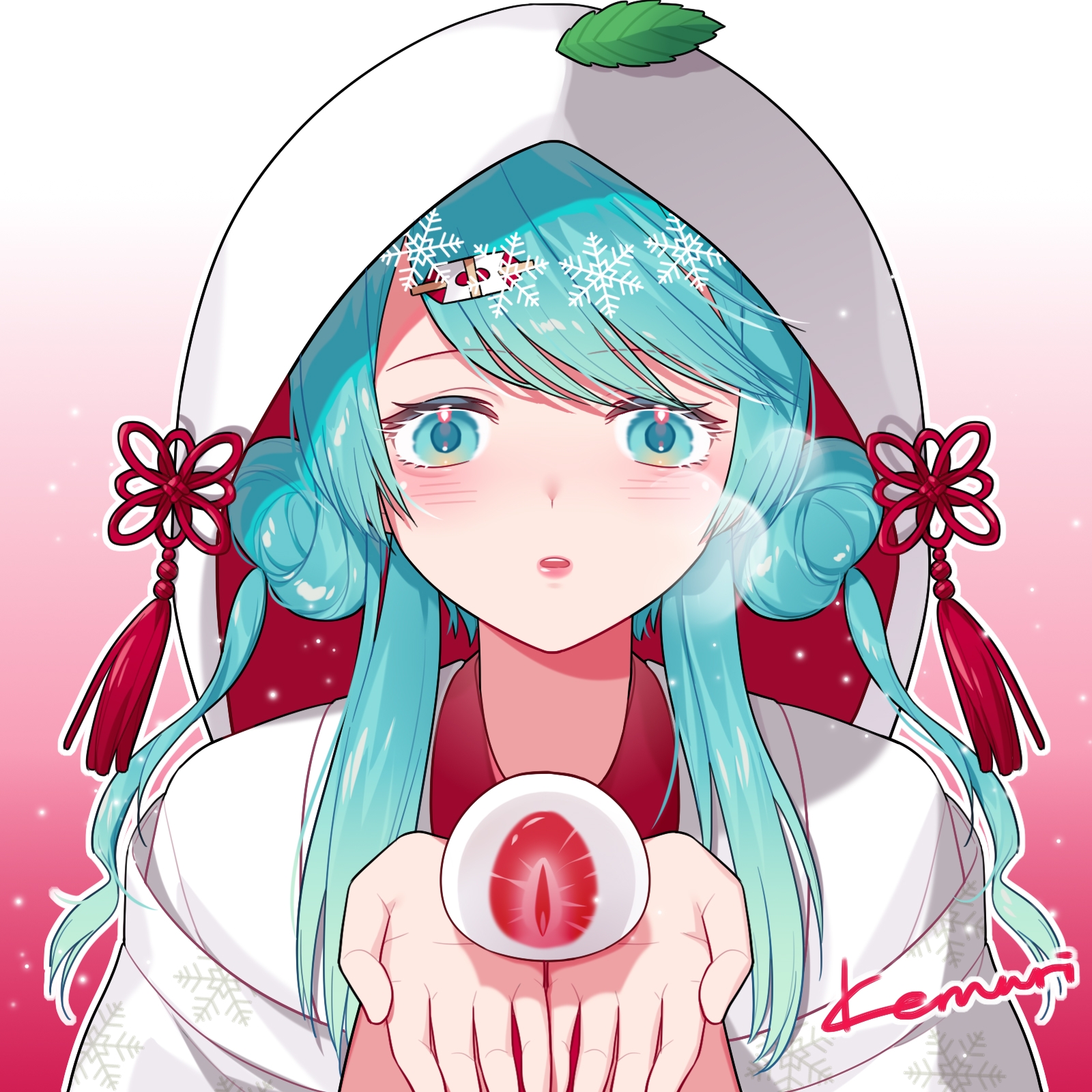 hui yan, hatsune miku, yuki miku, yuki miku (2013), vocaloid, highres, 1girl, aqua eyes, aqua hair, artist name, blush, daifuku, dessert, double bun, food, hair bun, hair ornament, ichigo daifuku, japanese clothes, kimono, long hair, long sleeves, looking at viewer, official alternate costume, official alternate hairstyle, open mouth, shiromuku, snowflake print, solo, twintails, uchikake, wagashi, wataboushi, wide sleeves