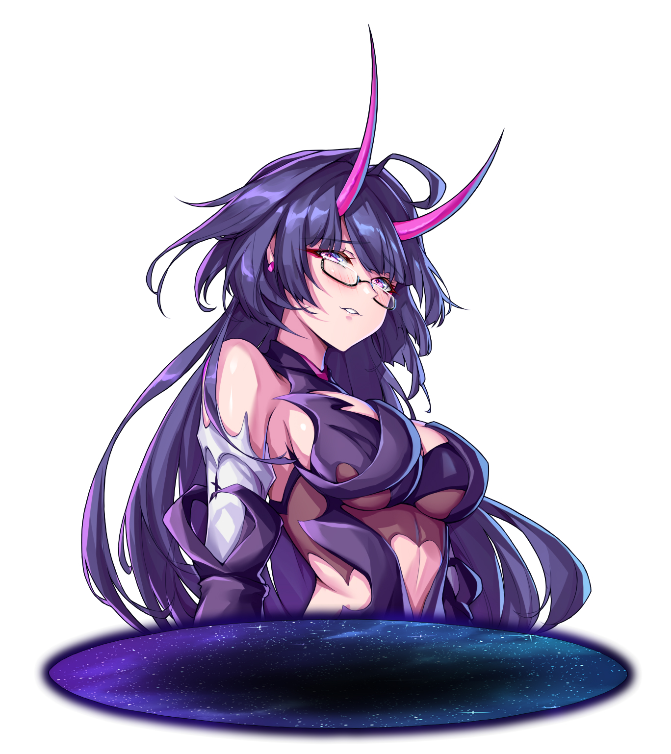 ruo zhishi chu jian, raiden mei, raiden mei (eventide phantom), raiden mei (herrscher of thunder), raiden mei (lightning empress), honkai (series), honkai impact 3rd, chinese commentary, commentary request, highres, 1girl, bare shoulders, bespectacled, black-framed eyewear, breasts, glasses, horns, long hair, long horns, looking at viewer, medium breasts, official alternate costume, parted lips, purple eyes, purple hair, purple horns, self cosplay, semi-rimless eyewear, simple background, smile, solo, under-rim eyewear, upper body, white background