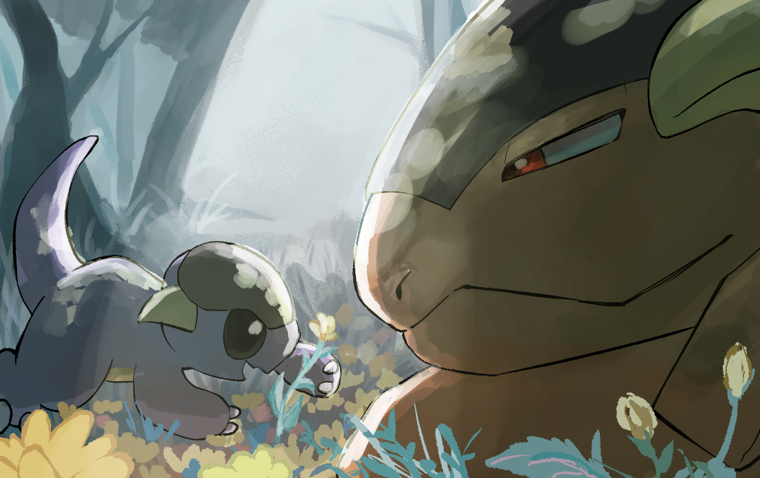 inudomooo, kangaskhan, nintendo, pokemon, claws, closed mouth, flower, gen 1 pokemon, horns, no humans, open mouth, outdoors, parent and child, pokemon (creature), pokemon focus, red eyes, smile, tail, tree
