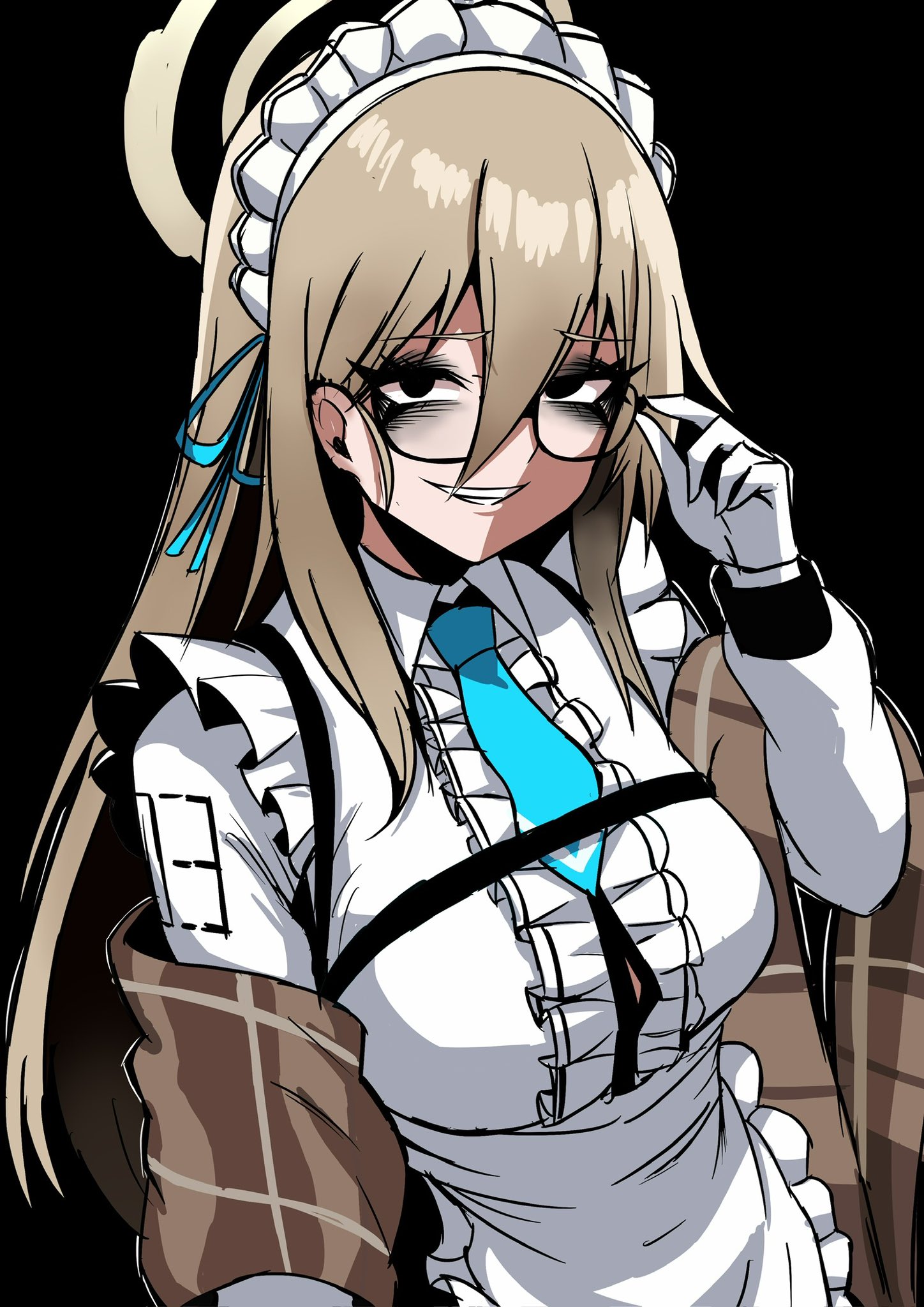 nagainegi, akane (blue archive), blue archive, highres, 1girl, apron, bags under eyes, breasts, brown eyes, brown hair, cleavage, glasses, gloves, hair between eyes, halo, large breasts, long hair, looking at viewer, maid, maid apron, maid headdress, smile, solo, white gloves