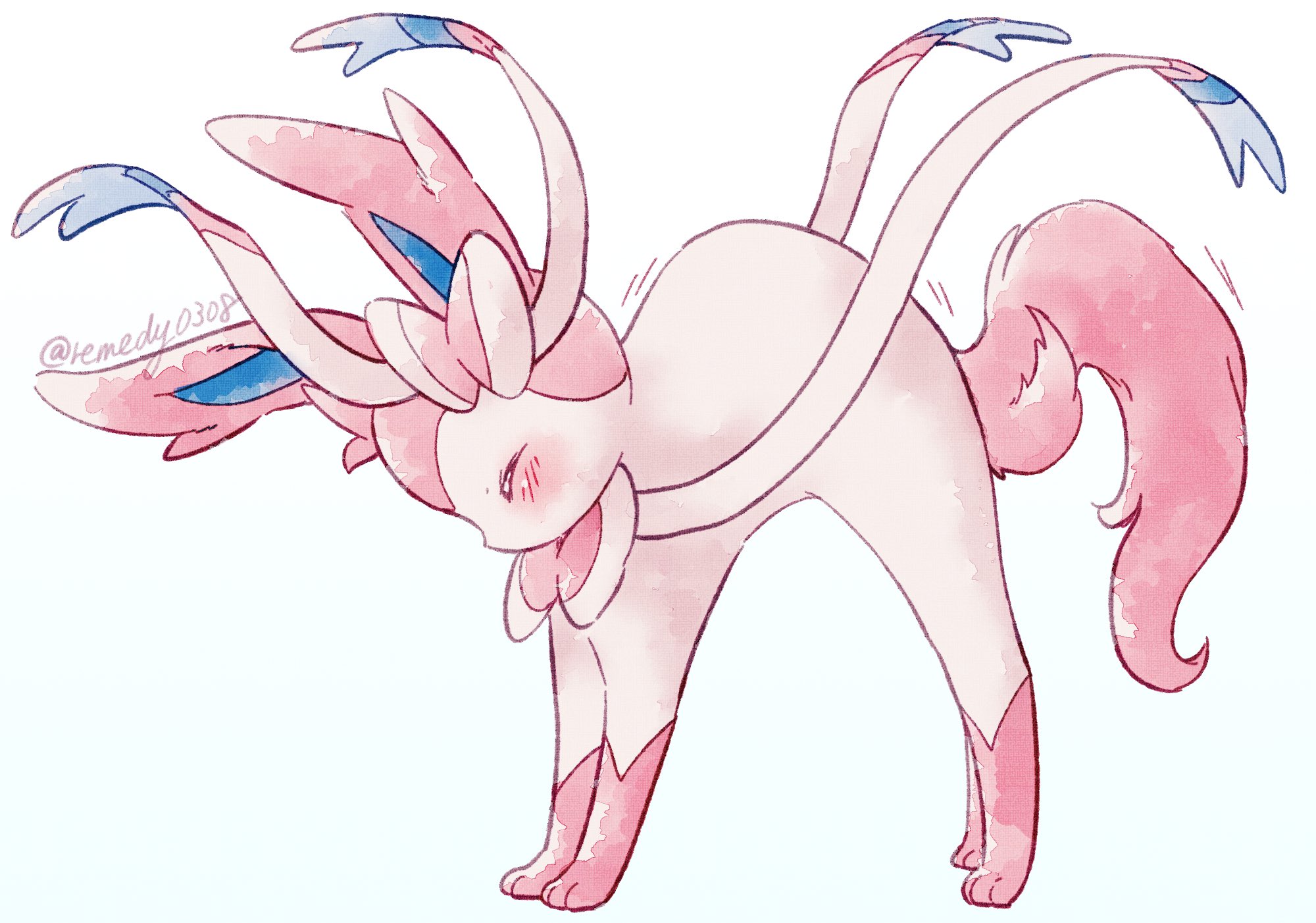 remedy matome, sylveon, nintendo, pokemon, highres, animal focus, blush, bow, cat stretch, closed eyes, closed mouth, full body, gen 6 pokemon, no humans, pokemon (creature), pokemon focus, ribbon, simple background, stretching, tail