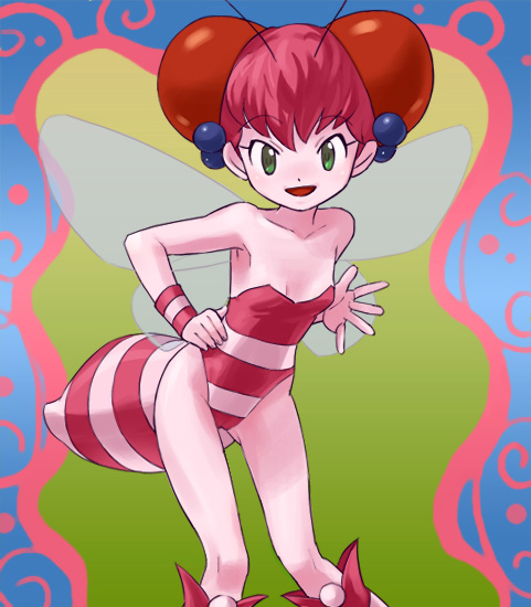 haruyama kazunori, honey bee (bug-tte honey), takahashi meijin no bug-tte honey, 1girl, antennae, arthropod girl, bare shoulders, bee girl, boots, female focus, green eyes, insect girl, leotard, monster girl, pink hair, red leotard, short hair, smile, solo, wings
