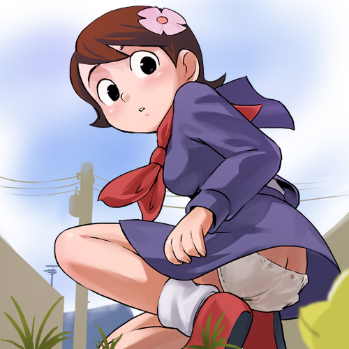 haruyama kazunori, pyonkichi, yoshizawa kyouko, dokonjou gaeru, tms entertainment, lowres, 1girl, ass, female focus, frog, kneeling, looking down, panties, pantyshot, red hair, school uniform, serafuku, solo, underwear, white panties