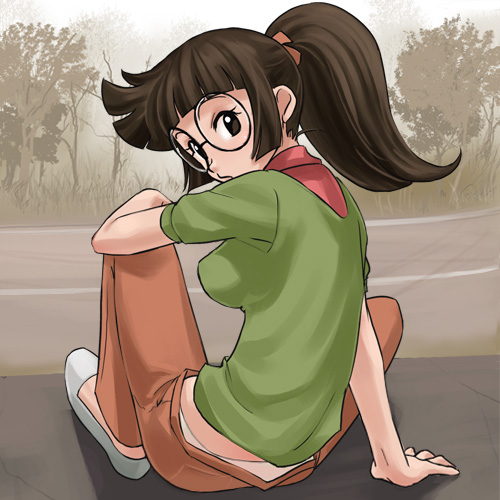 haruyama kazunori, takagi ryouko, gekisou rubenkaiser, lowres, tagme, glasses, ponytail, solo