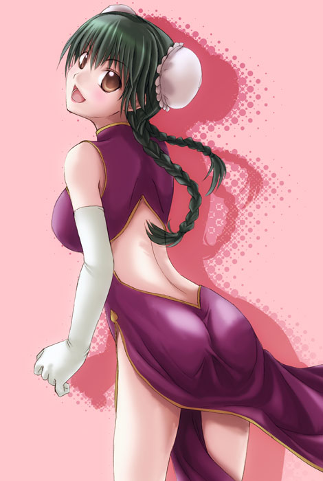 wang liu mei, gundam, gundam 00, artist request, 00s, 1girl, :d, arched back, ass, back, backless outfit, bare legs, blush, breasts, brown eyes, bun cover, dress, elbow gloves, female focus, gloves, hair bun, large breasts, looking at viewer, looking back, open mouth, pink background, red dress, side slit, simple background, single hair bun, smile, solo, standing, thighs, white gloves