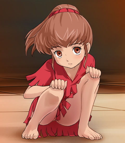 haruyama kazunori, chururu, kikou-kai galient, kikou kai galient, 1980s (style), 1girl, barefoot, brown eyes, brown hair, feet, female focus, fringe trim, loli, no panties, oldschool, ponytail, retro artstyle, solo, toes