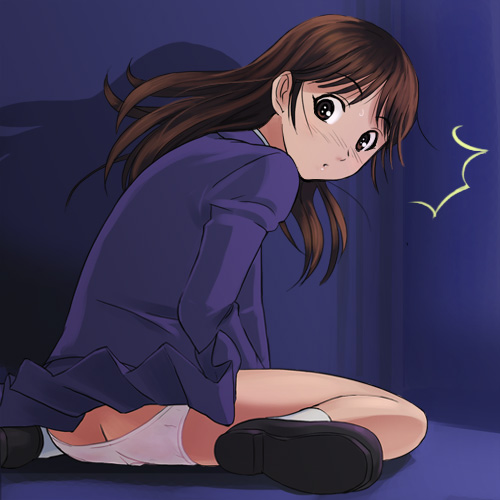 haruyama kazunori, nanase miyuki, kindaichi shounen no jikenbo, lowres, 1girl, brown eyes, brown hair, butt crack, female focus, looking back, panties, school uniform, serafuku, sitting, solo, surprised, underwear, wariza