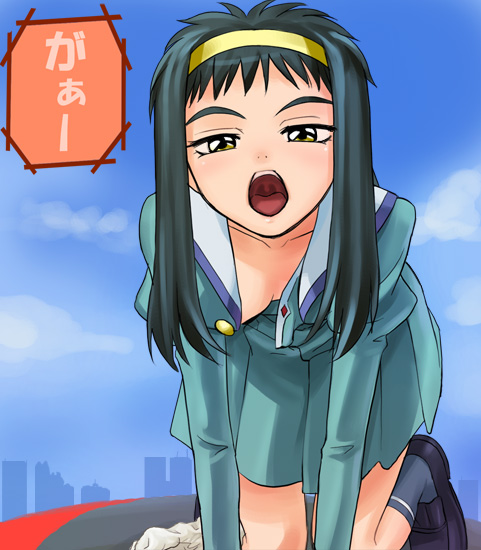 haruyama kazunori, shimabara yuuhi, neo ranga, 1990s (style), 1girl, all fours, black hair, black shoes, breasts, female focus, hairband, open mouth, retro artstyle, school uniform, serafuku, shoes, sky, solo, twintails, uvula, yellow eyes