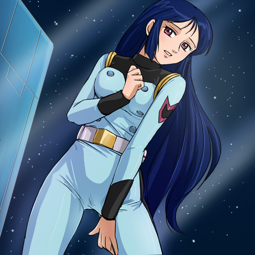 haruyama kazunori, kaga haruka, banpresto, kikou kantai dairugger xv, super robot wars, 1980s (style), lowres, 1girl, aquafighter, belt, blue bodysuit, blue hair, bodysuit, female focus, long hair, military, military uniform, oldschool, pink eyes, retro artstyle, science fiction, sea team, solo, space, space team, spacecraft interior, very long hair, window