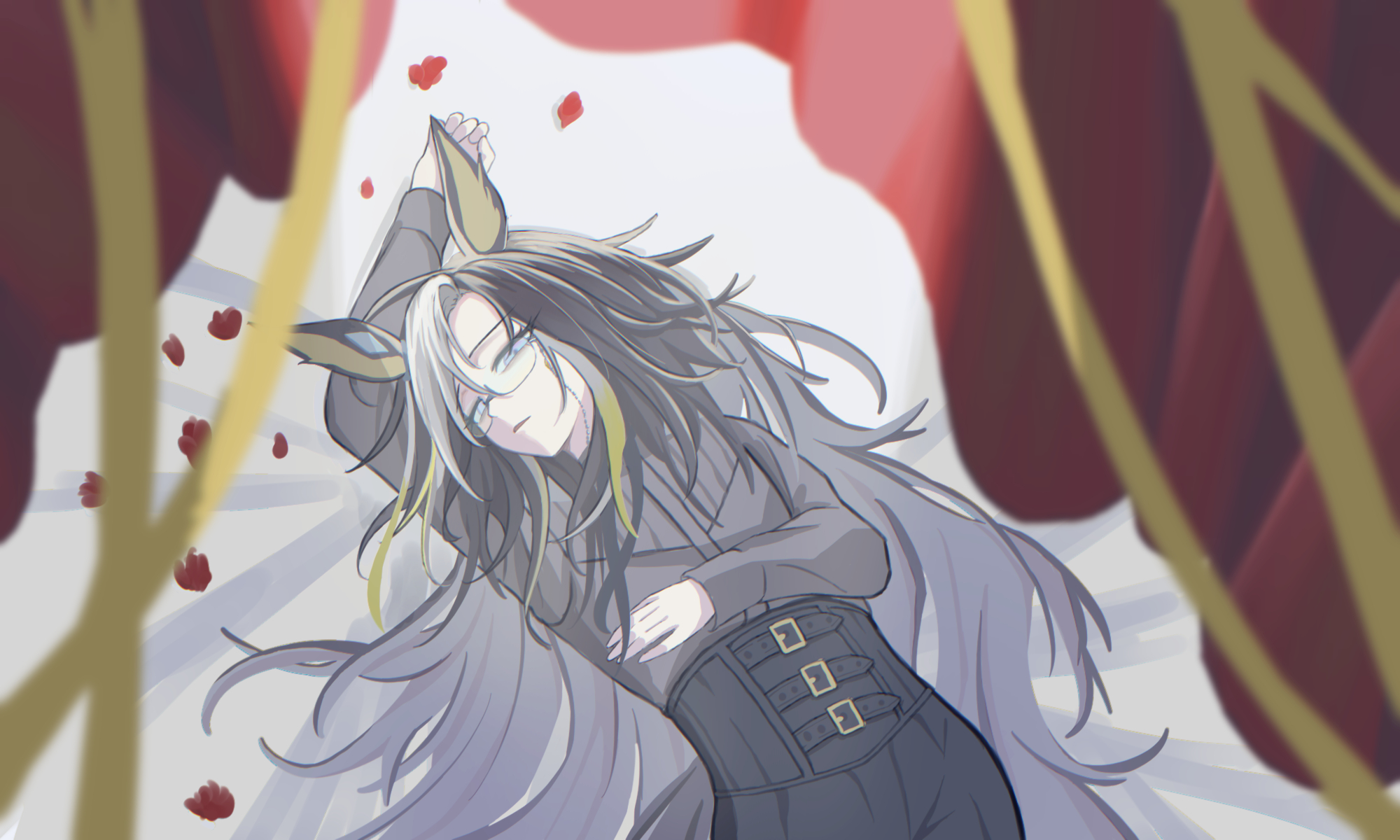 dream journey (umamusume), umamusume, highres, 1girl, animal ears, arata savage, black pants, blonde hair, blue eyes, colored inner animal ears, expressionless, grey hair, grey shirt, hair between eyes, high-waist pants, horse ears, horse girl, long hair, long sleeves, lying, multicolored hair, on back, pants, parted lips, shirt, shirt tucked in, solo, streaked hair, very long hair