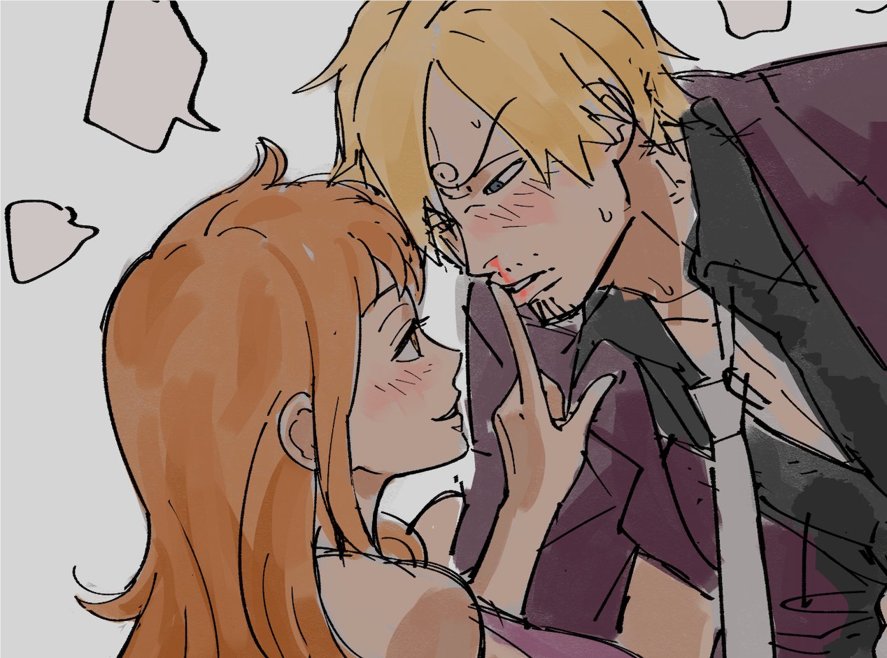 nyan 2020, nami (one piece), sanji (one piece), one piece, commentary, english commentary, 1boy, 1girl, black shirt, blonde hair, blood, blush, collared shirt, curly eyebrows, facial hair, goatee, hair over one eye, jacket, mustache, necktie, nosebleed, orange hair, shirt, short hair, smile, sweatdrop, white necktie