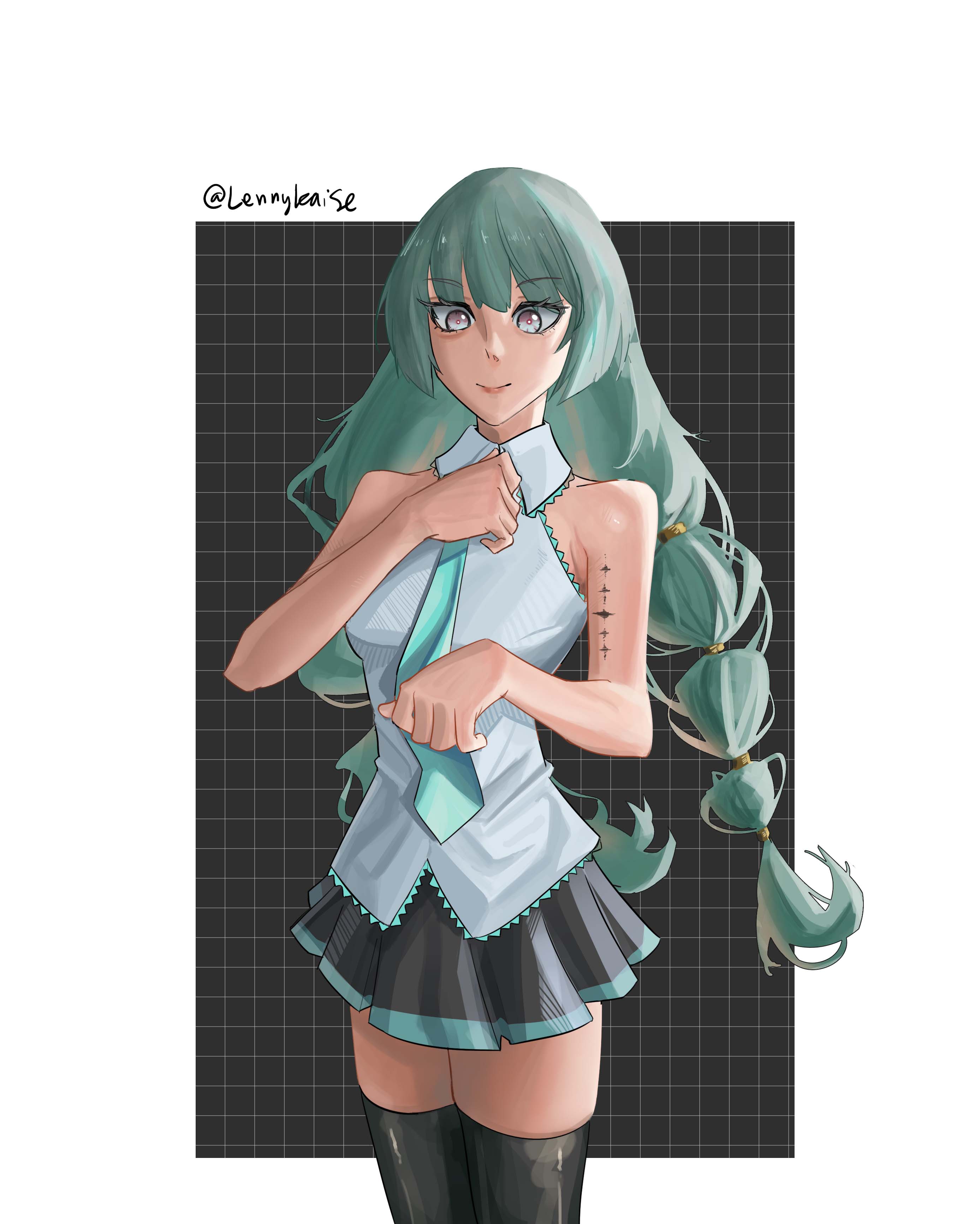 lennykaise, fujita saki, hatsune miku, phrolova (wuthering waves), vocaloid, wuthering waves, absurdres, commentary, highres, 1girl, adjusting clothes, adjusting necktie, aqua necktie, bare shoulders, black skirt, black thighhighs, border, braid, closed mouth, collared shirt, cosplay, grey eyes, grey hair, grey shirt, hatsune miku (cosplay), long hair, looking at viewer, low twin braids, necktie, shirt, skirt, sleeveless, sleeveless shirt, smile, solo, tacet mark (wuthering waves), thighhighs, thighs, twin braids, twitter username, voice actor connection, white border