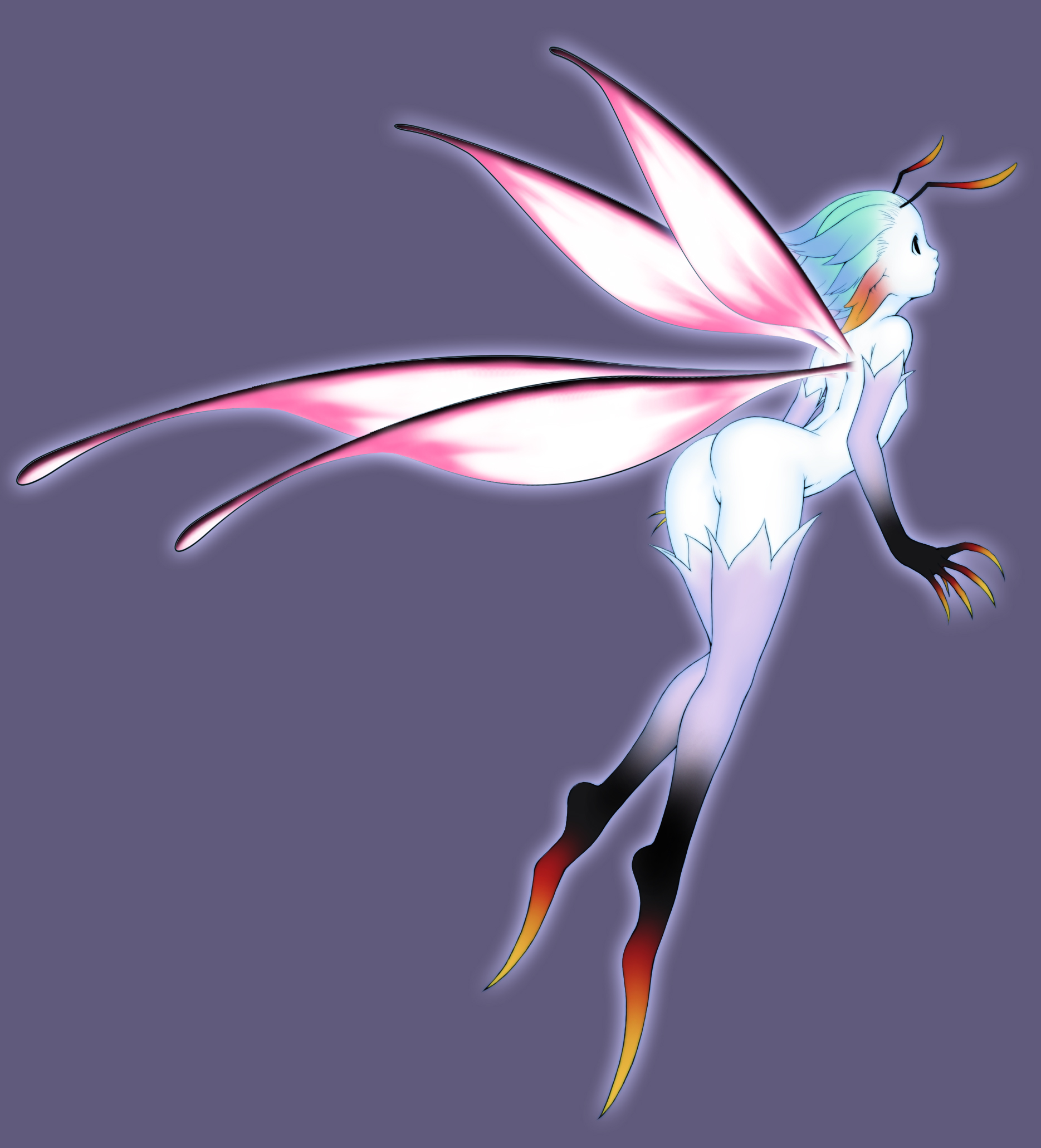gochou, gochou (kedama), final fantasy, final fantasy xi, highres, 00s, 1girl, antennae, aqua hair, ass, bottomless, claws, elbow gloves, fairy, female focus, flat chest, gloves, leaning forward, multicolored hair, orange hair, pale skin, short hair, solo, thighhighs, topless female, wings