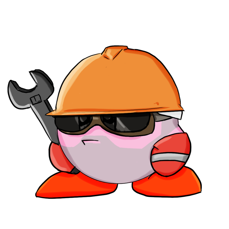 engineer (tf2), kirby, kirby (series), nintendo, team fortress 2, beard stubble, crossover, facial hair, full body, goggles, hard hat, helmet, no humans, simple background, solo, standing, stubble, valve, white background, wrench