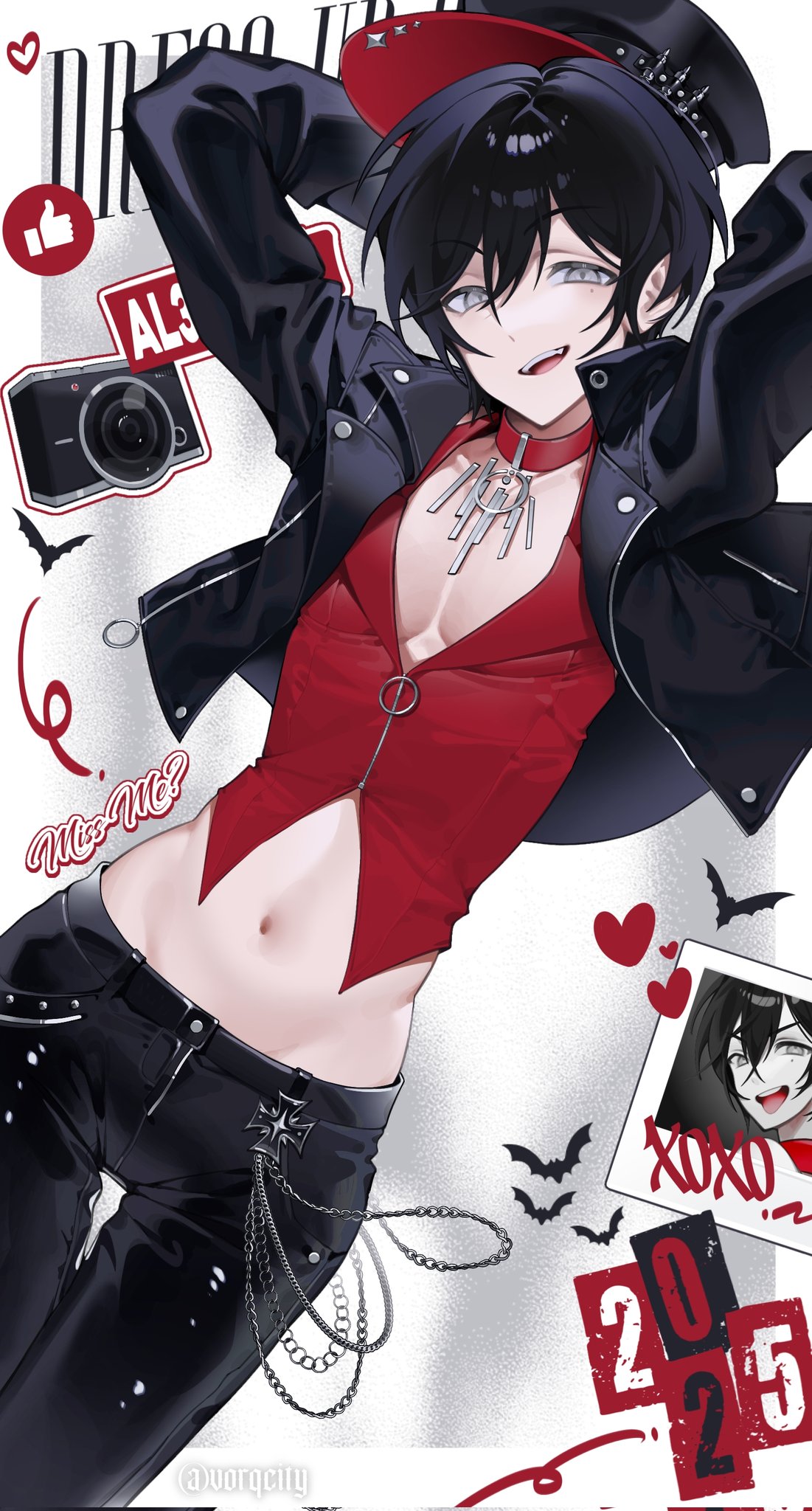 vorqcity, original, commentary, english commentary, highres, 1boy, 2025, arms behind head, arms up, artist name, black hair, black hat, black jacket, black pants, camera, choker, cowboy shot, cross, grey eyes, grey shirt, hair between eyes, hat, jacket, long sleeves, looking at viewer, male focus, midriff, mole, mole under eye, navel, open clothes, open jacket, open mouth, pants, pectorals, photo (object), red choker, shirt, short hair, smile, solo, xoxo