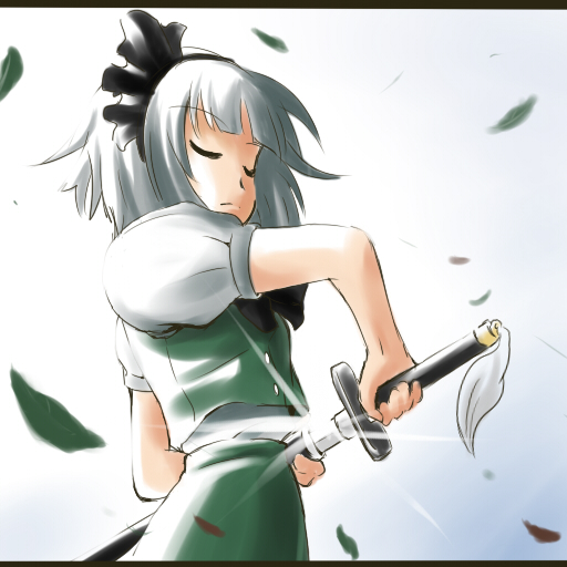 ikari manatsu, konpaku youmu, sanger zonvolt, banpresto, super robot wars, super robot wars original generation, touhou, bad id, bad pixiv id, 1girl, cut-in, female focus, katana, letterboxed, parody, sheath, sheathed, solo, sword, unsheathing, weapon