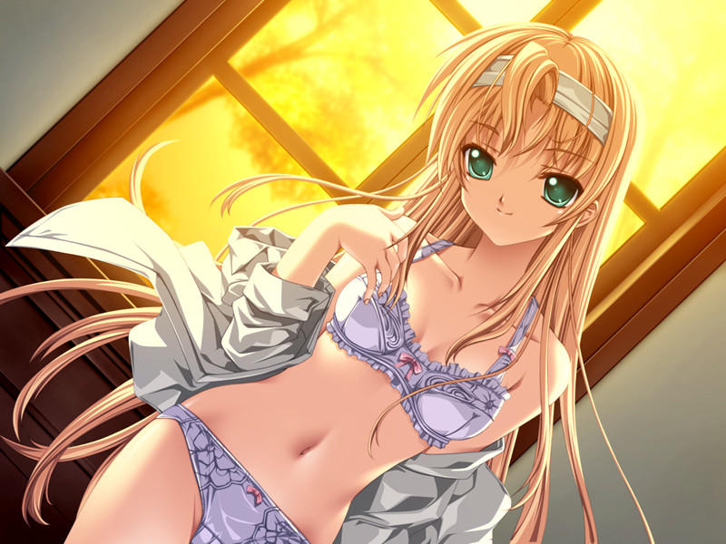 senomoto hisashi, kasugazaki yukino, koisuru otome to shugo no tate, game cg, 1girl, blonde hair, bra, breasts, dutch angle, female focus, green eyes, hairband, lingerie, long hair, open clothes, open shirt, panties, shirt, solo, underwear, very long hair, window