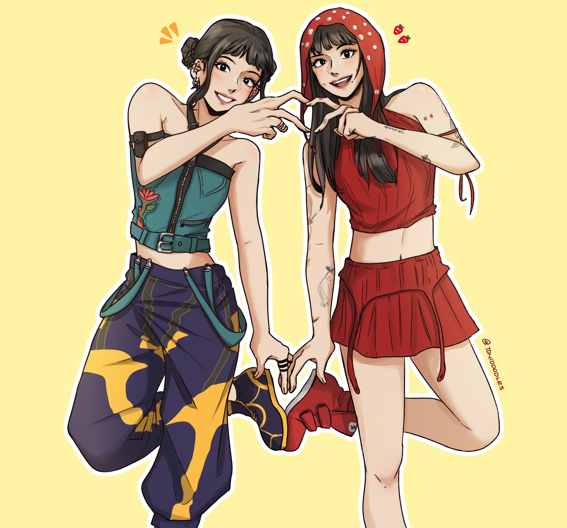 chaeyoung (twice), zoey (kpop demon hunters), kpop demon hunters, twice (group), commentary, english commentary, highres, 2girls, arm pouch, black hair, blunt bangs, boots, double bun, hair bun, halterneck, heart, heart hands, jewelry, long hair, looking at viewer, mole, multiple girls, pants, red skirt, ring, skirt, smile, standing, standing on one leg, tonidoodles, yellow background