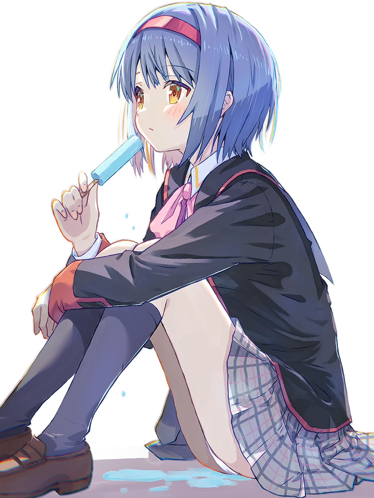 akayama yukihe, nishizono mio, little busters!, commentary request, highres, 1girl, :/, black jacket, black socks, blue hair, blush, bow, bowtie, brown shoes, closed mouth, expressionless, food, foot out of frame, from side, grey skirt, hair between eyes, hairband, hand up, holding, holding food, holding popsicle, hugging own legs, jacket, kneehighs, knees up, little busters! school uniform, loafers, long sleeves, looking ahead, medium hair, melting popsicle, miniskirt, panties, pink bow, pink bowtie, plaid clothes, plaid skirt, pleated skirt, popsicle, red hairband, school uniform, shoes, simple background, skirt, socks, solo, straight hair, underwear, white background, white panties, yellow eyes