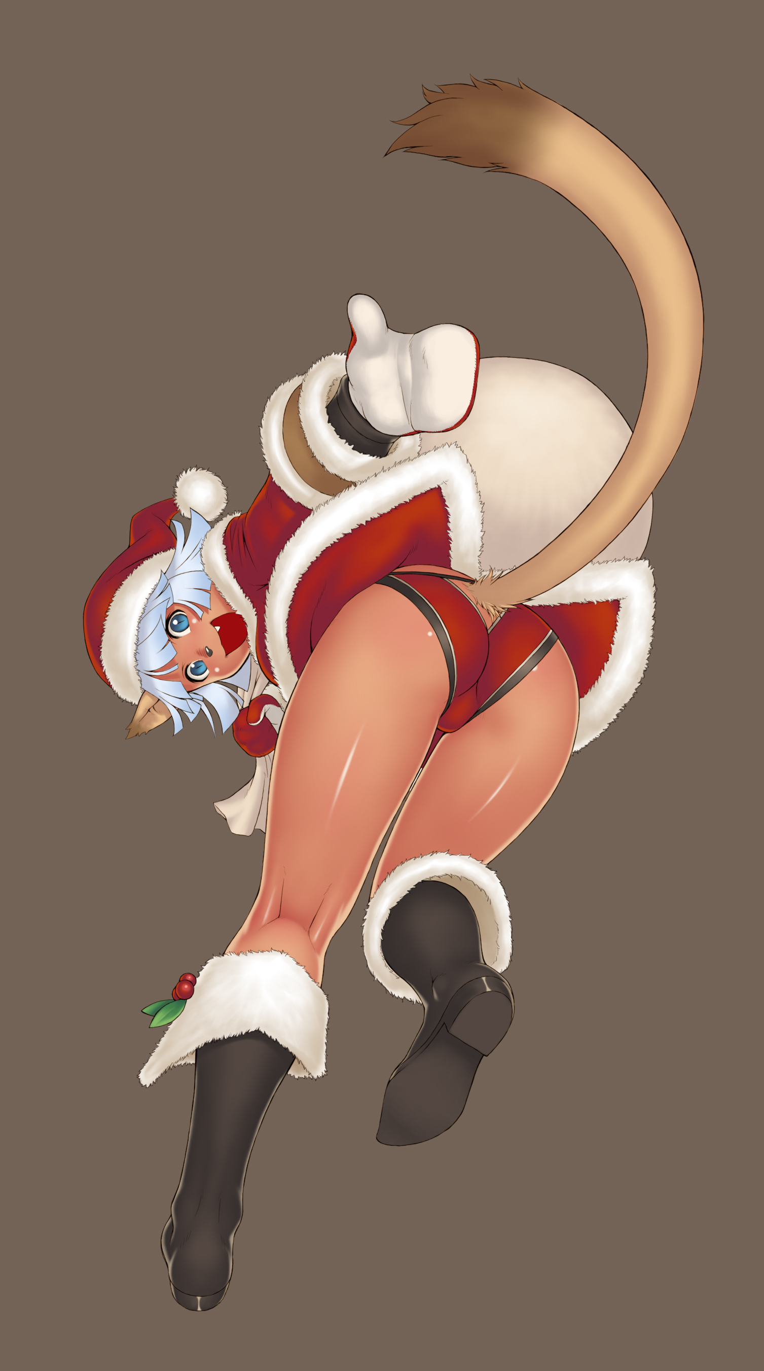 gochou, gochou (kedama), mithra (ff11), final fantasy, final fantasy xi, absurdres, highres, 00s, 1girl, animal ears, ass, boots, cat ears, cat tail, christmas, female focus, mittens, santa costume, simple background, solo, tail