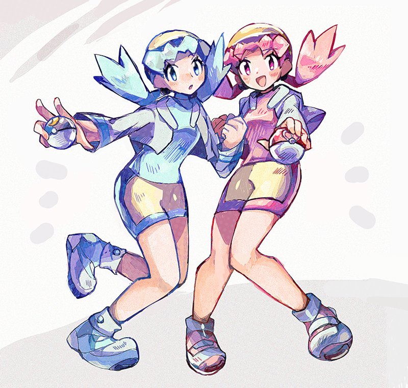 anidler91, kris (pokemon), nintendo, pokemon, pokemon gsc, 2girls, alternate color, bike shorts, blue eyes, blue hair, blue shirt, blush, breasts, cropped jacket, hat, holding, holding poke ball, jacket, long hair, long sleeves, love ball, moon ball, multiple girls, open clothes, open jacket, open mouth, pink eyes, pink hair, pink shirt, poke ball, shirt, shoes, shorts, simple background, smile, twintails, white jacket, yellow hat, yellow shorts