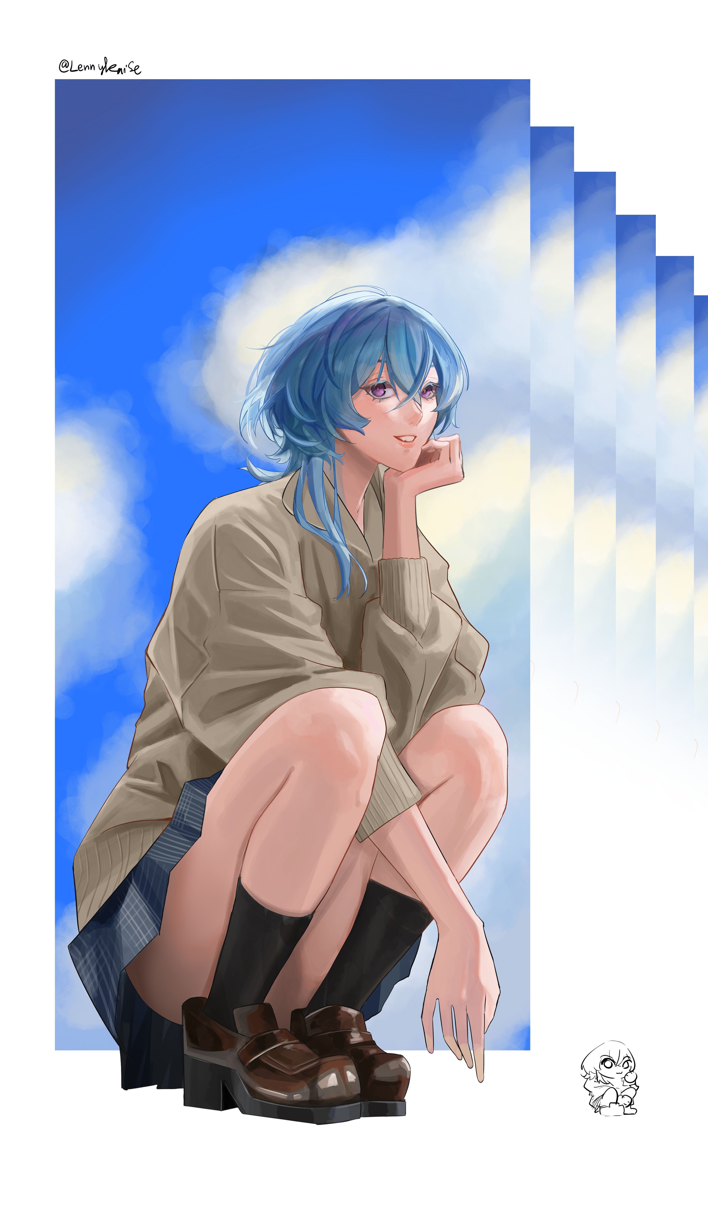 lennykaise, shorekeeper (wuthering waves), wuthering waves, absurdres, commentary, hashtag-only commentary, highres, 1girl, alternate costume, black skirt, black socks, blue hair, border, brown shoes, brown sweater, colored eyelashes, head rest, loafers, long hair, long sleeves, looking at viewer, purple eyes, shoes, skirt, socks, solo, squatting, sweater, twitter username, white border