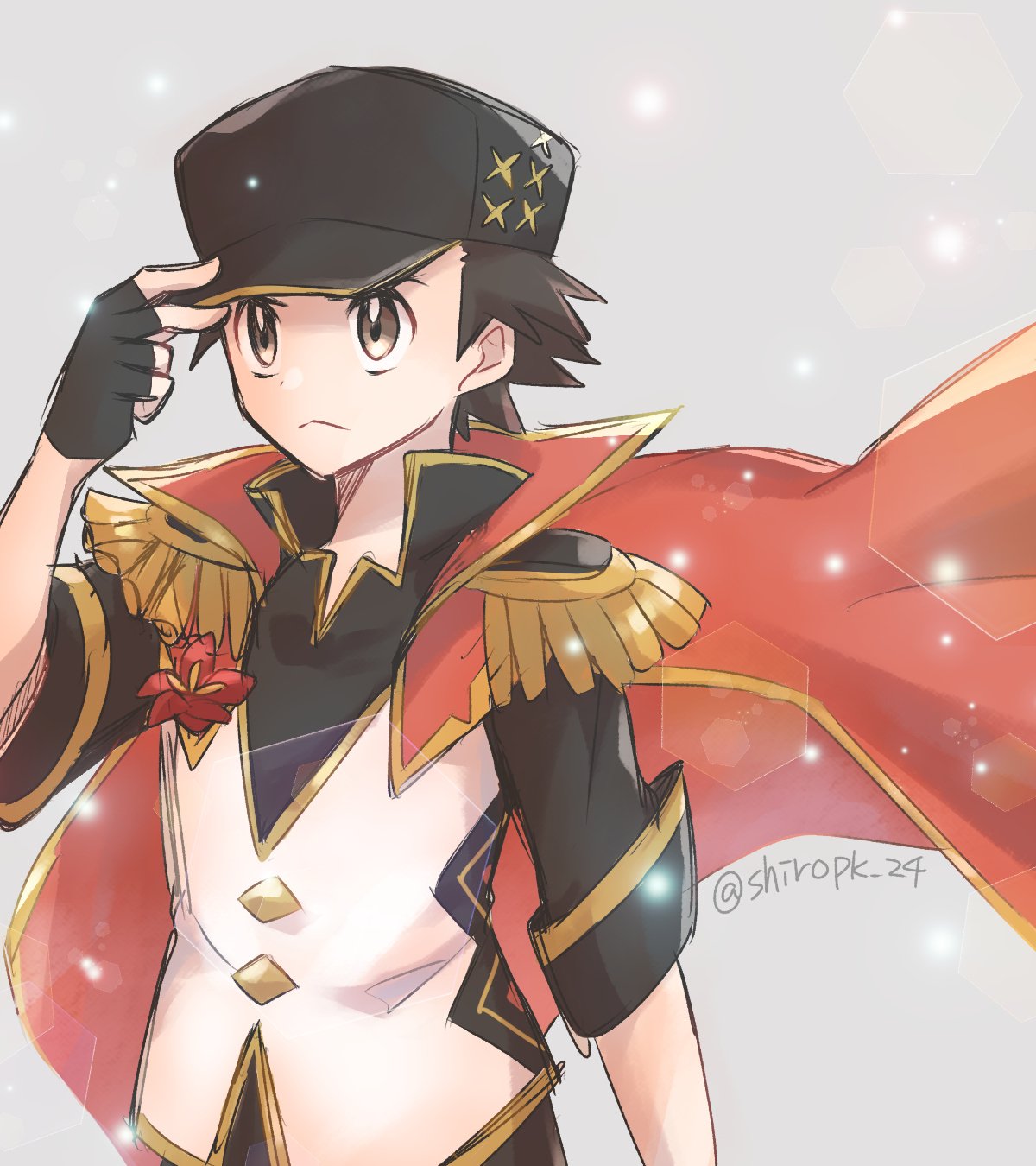 shio25, red (anniversary 2025) (pokemon), red (pokemon), nintendo, pokemon, pokemon masters ex, highres, 1boy, black gloves, black hat, black shirt, brown eyes, brown hair, cape, closed mouth, epaulettes, fingerless gloves, gloves, hat, male focus, official alternate costume, popped collar, red cape, shirt, short hair, simple background, solo, star (symbol), upper body, vest, white vest
