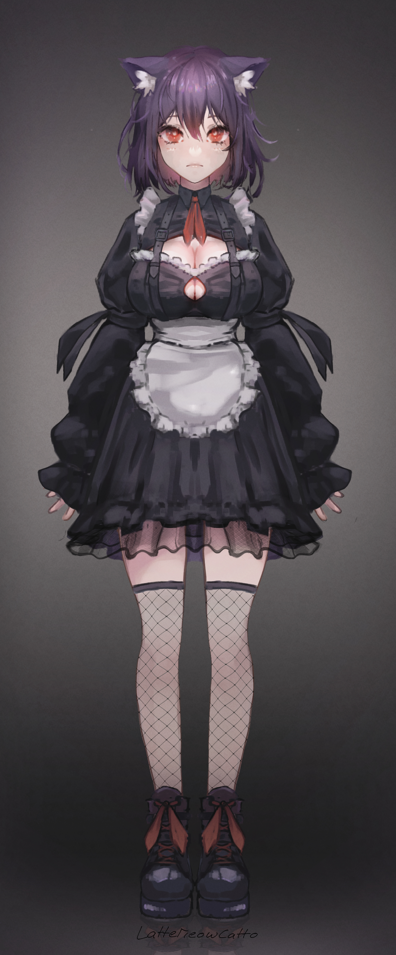 lattemeowcatto, original, absurdres, highres, 1girl, animal ears, apron, artist name, belt, black belt, black dress, black shoes, breasts, cat ears, cleavage, closed mouth, collared dress, dress, expressionless, eyelashes, fishnets, frilled apron, frilled skirt, frills, full body, gradient background, hair between eyes, large breasts, lips, long sleeves, looking at viewer, maid apron, necktie, puffy sleeves, purple hair, red eyes, red necktie, reflection, see-through clothes, see-through skirt, shoes, short necktie, skirt, solo, standing