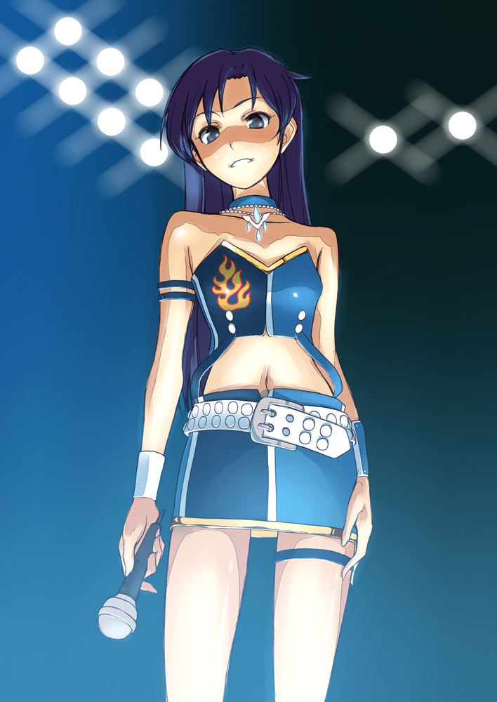 sanhon, kisaragi chihaya, idolmaster, idolmaster (classic), idolmaster 1, bad id, bad pixiv id, 00s, bare shoulders, belt, black hair, blue eyes, blue hair, choker, cool & sexy (idolmaster), long hair, microphone, midriff, solo