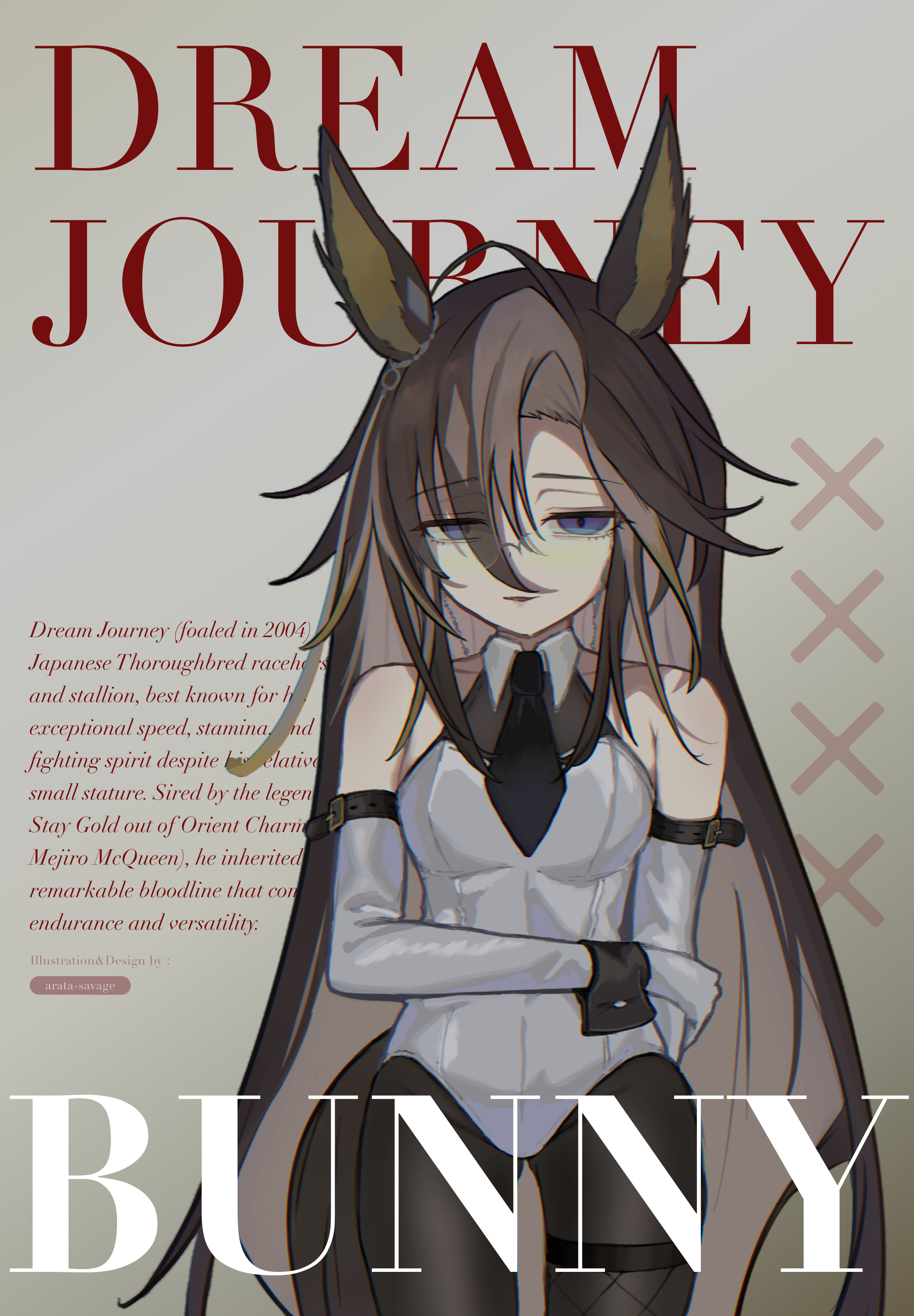 dream journey (umamusume), umamusume, absurdres, highres, 1girl, animal ears, arata savage, arm around waist, bare shoulders, black leotard, black necktie, black pantyhose, brown hair, character name, collarbone, colored inner animal ears, colored inner hair, cover, detached collar, detached sleeves, fake magazine cover, glass, grey hair, horse ears, horse girl, leotard, light smile, long hair, long sleeves, magazine cover, medium hair, multicolored hair, necktie, pantyhose, parted lips, semi-rimless eyewear, short necktie, single fishnet legwear, single hair intake, solo, speech bubble, strapless, strapless leotard, under-rim eyewear, very long hair