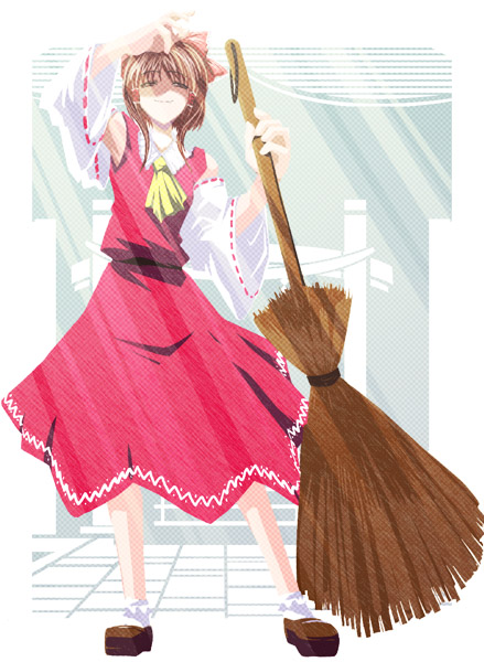 hakurei reimu, touhou, 1girl, broom, female focus, full body, japanese clothes, legs apart, miko, solo, standing, white background