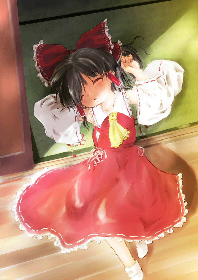 hakurei reimu, touhou, 1girl, black hair, child, detached sleeves, female focus, japanese clothes, lying, miko, on back, sleeping, solo