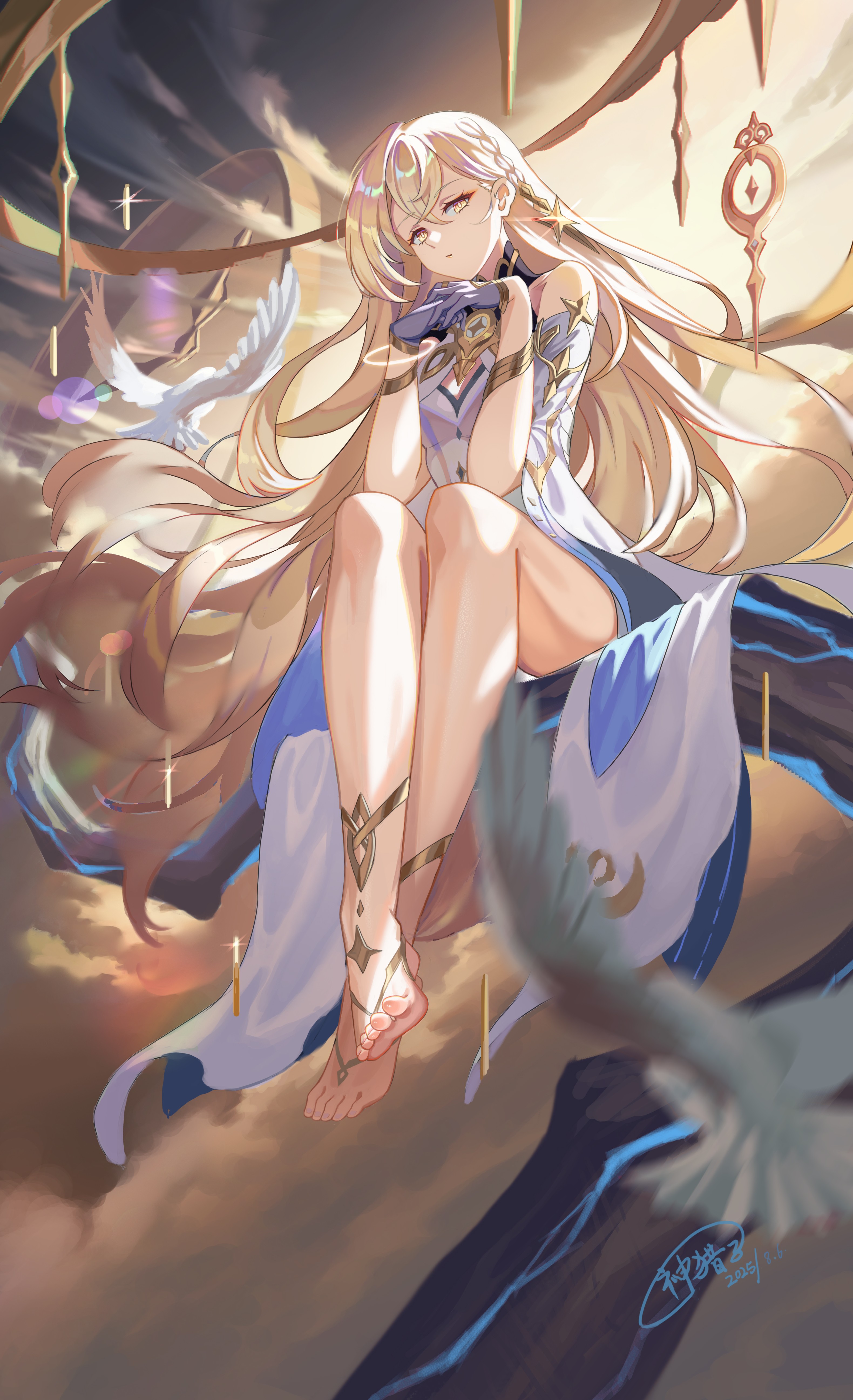 god hunter, istaroth (genshin impact), genshin impact, absurdres, chinese commentary, commentary request, highres, partial commentary, 1girl, artist name, bare shoulders, barefoot, bird, blonde hair, braid, branch, breasts, cleavage cutout, clothing cutout, cloud, crossed bangs, dated, detached sleeves, dress, feet, floating hair, full body, gold, gold halo, grey sky, hair between eyes, hair ornament, halo, hands up, head tilt, legs, lens flare, long hair, looking at viewer, own hands together, side braid, signature, sitting, sky, small breasts, soles, solo, star (symbol), sunset, thighs, toes, very long hair, white dress, yellow eyes