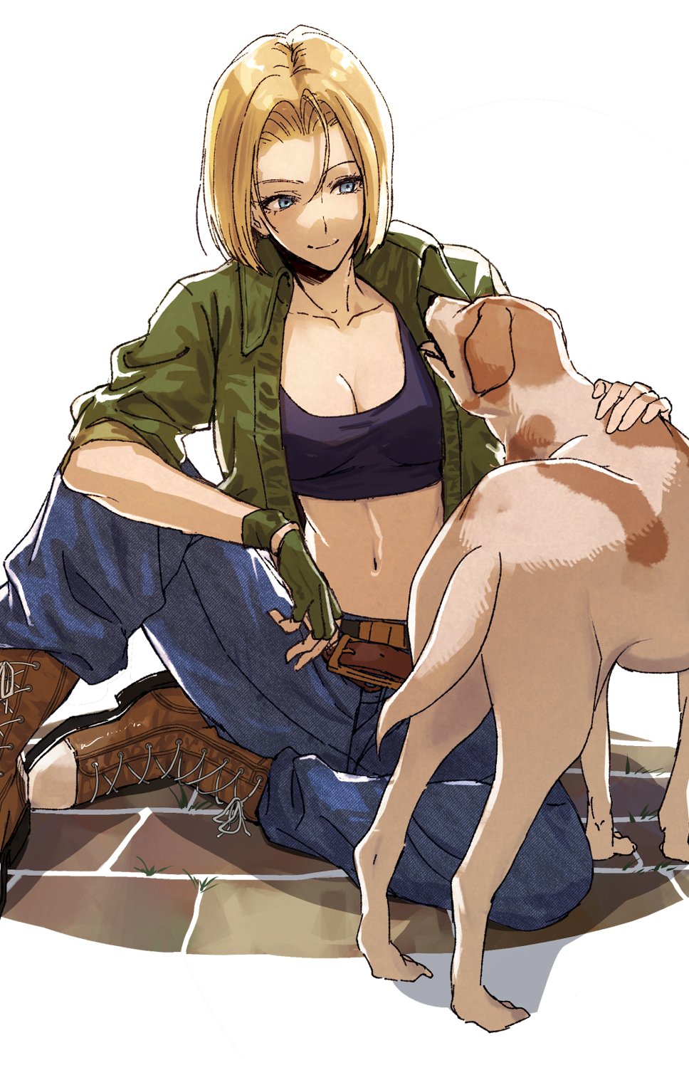 hitsuji kusa, blue mary, fatal fury, snk, the king of fighters, 1girl, blonde hair, blue eyes, breasts, cleavage, collarbone, dog, fingerless gloves, gloves, jacket, large breasts, midriff, navel, sitting