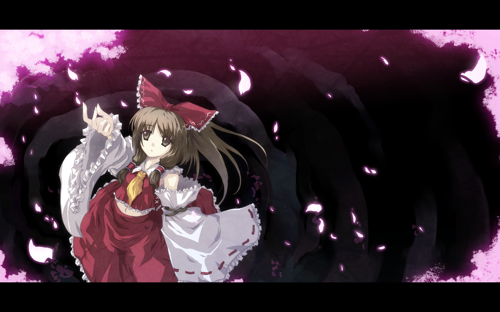 tokiame, hakurei reimu, imperishable night, touhou, frilled swimsuit, highres, 1girl, ascot, bare shoulders, bow, brown eyes, brown hair, cherry blossoms, closed mouth, collar, detached sleeves, female focus, frilled bow, frilled skirt, frilled sleeves, frills, from above, hair bow, hair tubes, japanese clothes, letterboxed, long hair, looking up, miko, nature, navel, outstretched hand, petals, plant, red bow, red ribbon, red skirt, ribbon, ribbon-trimmed sleeves, ribbon trim, skirt, solo, swimsuit, white collar, white sleeves, wide sleeves, yellow ascot